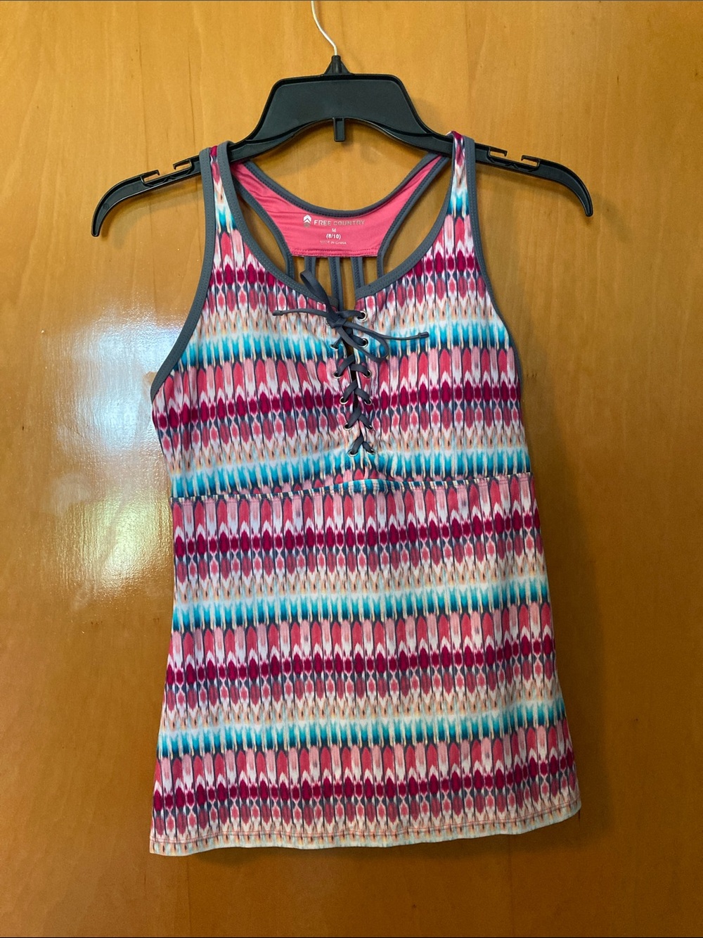 Women's Lace-Up Patterned Tankini Swim Top - Pink Multi